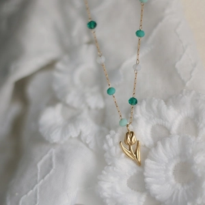 Vintage Green Tulip Flower Pendant Necklace 18K Gold Plated Titanium Steel Mixed Stone Beads Elegant Jewelry For Women
