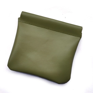 Army green leather mini pouch with self-closing metal spring for makeup and earphones