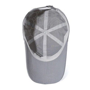 Grey quick-dry mesh baseball cap for men with breathable perforated design and metal buckle