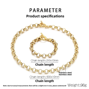 Detailed size chart for golden stainless steel 10mm chain necklace and bracelet set