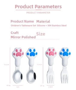 Size chart showing 304 stainless steel cat paw spoons and forks with exact dimensions