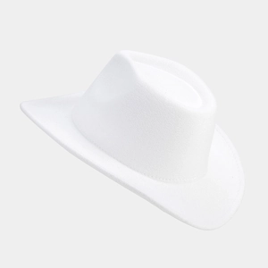 Detailed 45-degree angle view of a classic white wool felt cowboy hat with structured brim