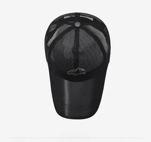 Detail of black mesh baseball cap showing breathable texture and sports logo