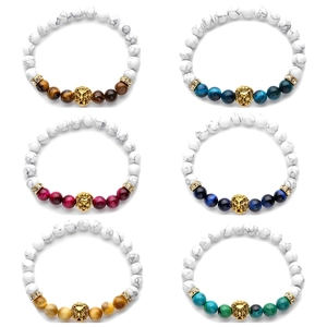 Lion Head Beaded Bracelet Tiger Eye Stone White Turquoise Alloy Rhinestone Elastic Yoga Fashion Men Women