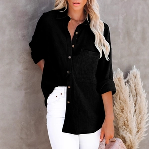 Women's black cotton linen V-neck shirt with long sleeves and front pocket detail