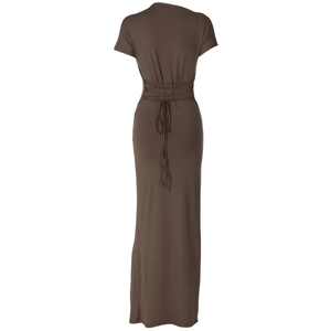 Detail of slim-fit brown dress with drawstring waist and textured knit fabric on back