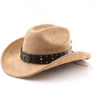 Detail von Cowboyhut aus Wildleder mit Lederband, Nieten und bronzenem Stierkopf-Dekor