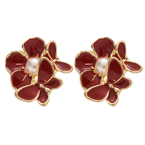 Vintage dark red enamel flower and butterfly earrings with pearl centers and gold edges