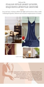 Detail view of navy blue satin nightgown featuring side slit and elegant silk texture
