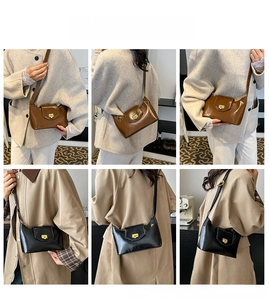 Detail shots of minimalist vintage crossbody bag in glossy black and brown faux leather