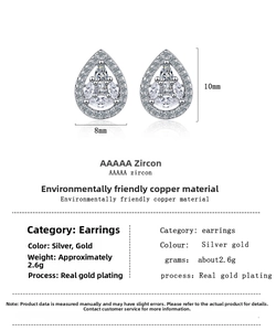 Detailed dimensions of cubic zirconia teardrop earrings with gold plating and cz stones