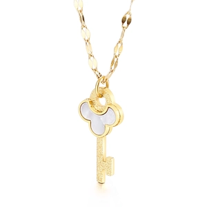 Key Pendant Necklace For Women Stainless Steel With Mother Of Artificial Pearl Inlay Elegant Fashion Jewelry Zircon Accents