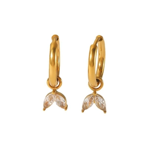 Detailed close-up of 18k gold-plated huggie earrings featuring marquise zircon leaf drops