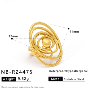 Detailed view of irregular 18K gold plated stainless steel ring with dimensions 41mm by 32mm
