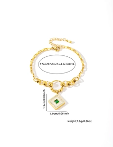 Detail view of gold titanium bracelet with green square gemstone and dimensions marked