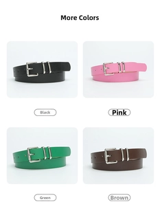 Minimalist women's belt collection in black, rose red, green, and coffee with silver buckles