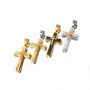 Set of multilayer stainless steel cross necklaces with sparkling cubic zirconia stones