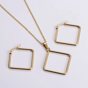 Polished gold square geometric jewelry set with minimalist earrings and pendant necklace