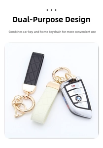 Detail showing car keychains in black and beige leather with embossed diamond texture