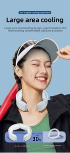 Close-up of an ergonomic neck cooling ring worn by a model for summer heat relief