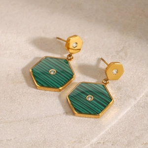 Geometric hexagonal gold stud earrings with green malachite texture and white crystals