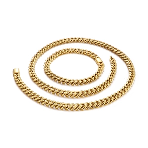 Hip hop street style golden Cuban link chain set with square buckles in titanium steel