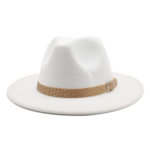 Detailed macro of white wool felt fedora with woven band and silver metal buckle