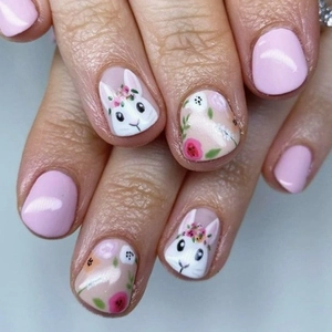 Press On Nails Short Square Glossy False Nails Featuring Easter Rabbit Bunny And Floral Designs For Women