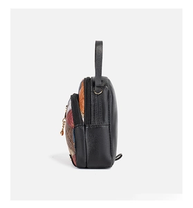 Detail view of mini backpack featuring multi-color quilted pattern and triple zippers