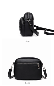 Side and back views of black quilted crossbody bag with silver zippers and PU leather texture