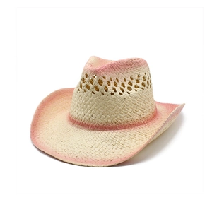 Chapeau de cowboy en paille élégant avec dégradé rose et design ajouré respirant