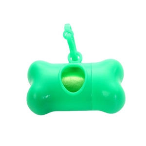 Green bone-shaped pet waste bag dispenser with plastic hook for dog waste bags