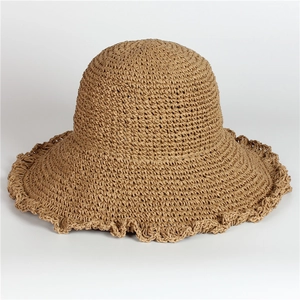 Women Straw Bucket Hat Woven Paper Sun Protection Wavy Ruffle Brim Foldable Summer Beach Vacation Casual Elegant Hat