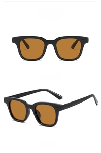 Close-up of stylish black frame sunglasses with tea-colored lenses from front and side angles