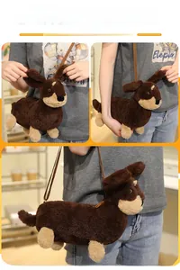 Plush dachshund shoulder bag in dark brown showing crossbody and handheld styling options