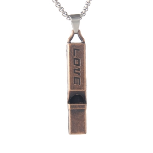 Vintage bronze square whistle pendant necklace with LOVE engraving on a silver chain