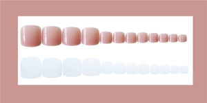 Detailed set of glossy nude pink and creamy white press-on toenails in various sizes