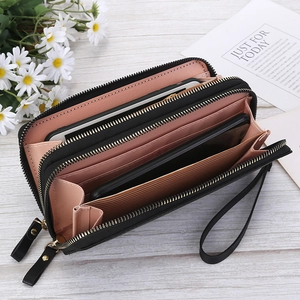 Black double zipper long wallet with large capacity and soft pink interior pockets