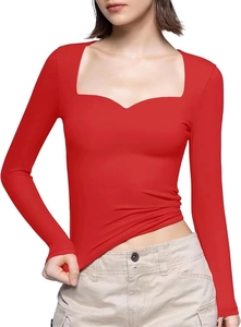 Detail of red square neck long sleeve crop top with slim fit knitted design for women