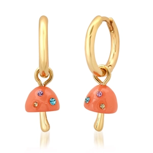 Macro shot of 18k gold mushroom earrings with orange caps and colorful crystals