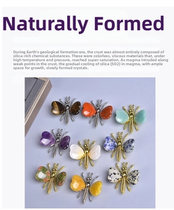 Detailed close-up of butterfly figurines with various natural crystals and metal wings