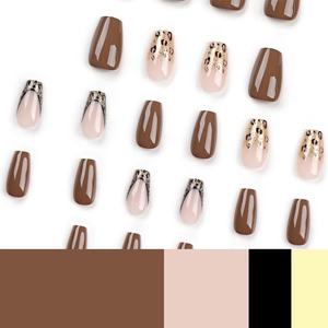 Faux ongles ballerine marron léopard avec paillettes dorées et pointes french noires