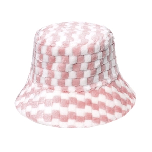 Chic pink and white checkered plush bucket hat for women winter fashion warmth