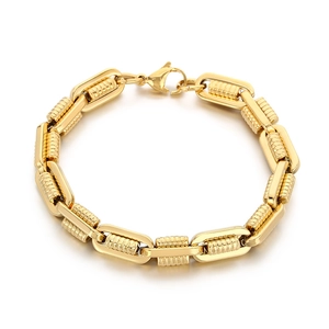 Industrial gold plated stainless steel chain bracelet with textured cylindrical links