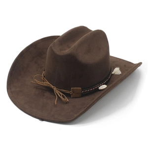 Detail of dark brown faux suede cowboy hat featuring a seashell and tassel hatband