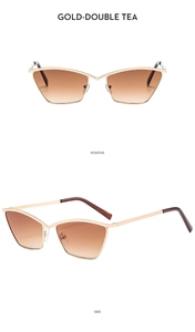 Detailed front and side view of gold metal cat-eye sunglasses with brown gradient lenses