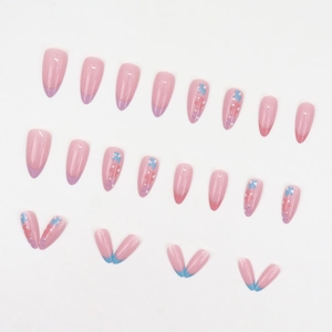 Pink almond press-on nails with colorful French tips and floral patterns, 24 pieces set