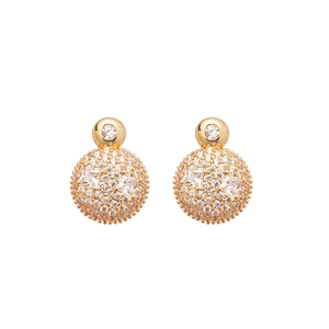Elegant gold plated double sphere stud earrings with shimmering pave cubic zirconia stones