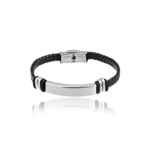 Men's braided leather bracelet with engravable silver metal bar and polished magnetic clasp