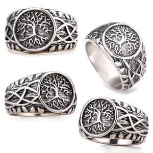 Vintage Tree Of Life Stainless Steel Ring Viking Style Celtic Knot Textured Retro Jewelry For Men And Women